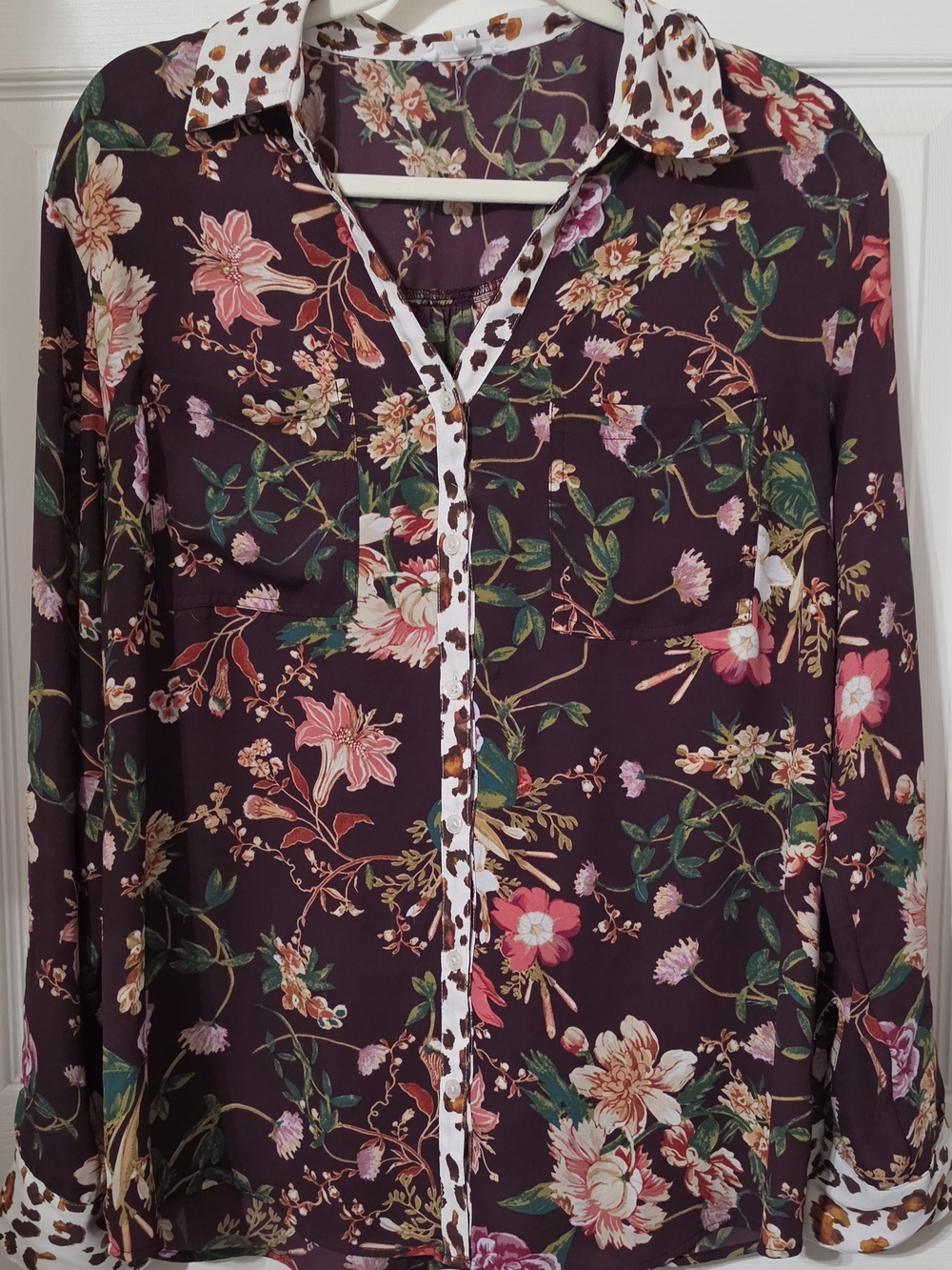 Maurices Plum Floral Button-Down Shirt with Leopard Trim Xl